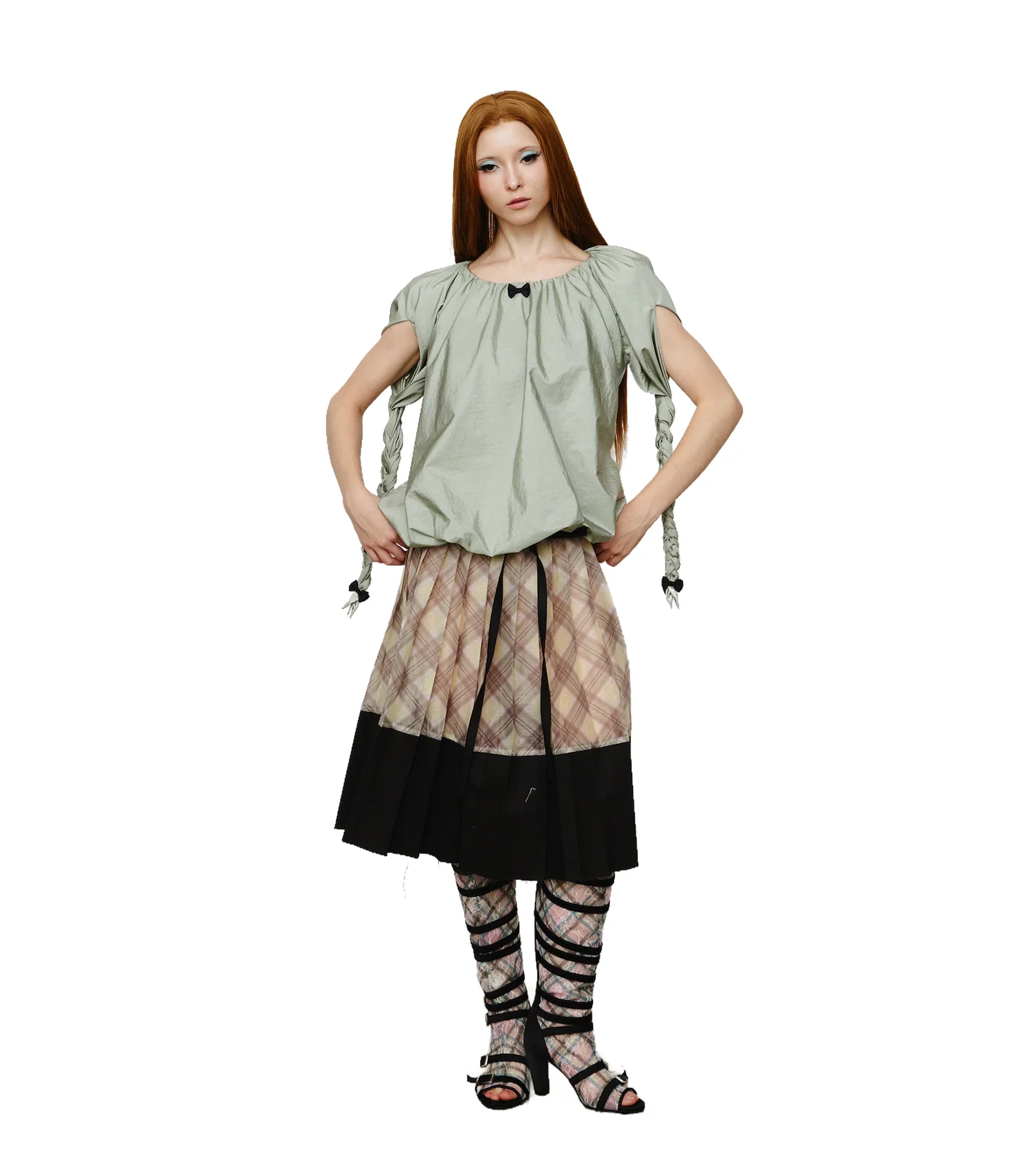 Balloon Braided Blouse with Bow Glossy Jade - Image 5