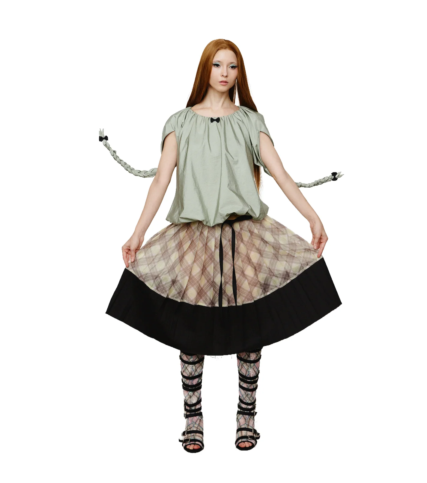 Patchwork Organza Pleated Midi Skirt Black Porcelain - Image 15